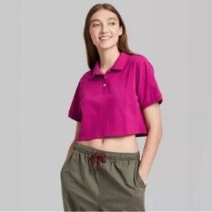 New WILD FABLE Womens Short Sleeve Boxy Cropped Polo T Shirt Magenta